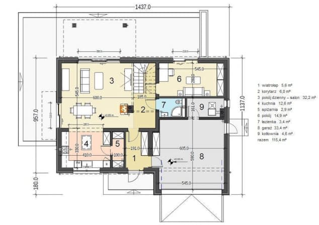 Rzut projektu Bocian 3 z garażem 2-st. - Rzut parteru