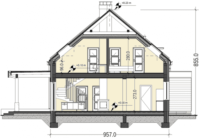 Rzut projektu Bocian 3 z garażem 2-st. - Przekrój