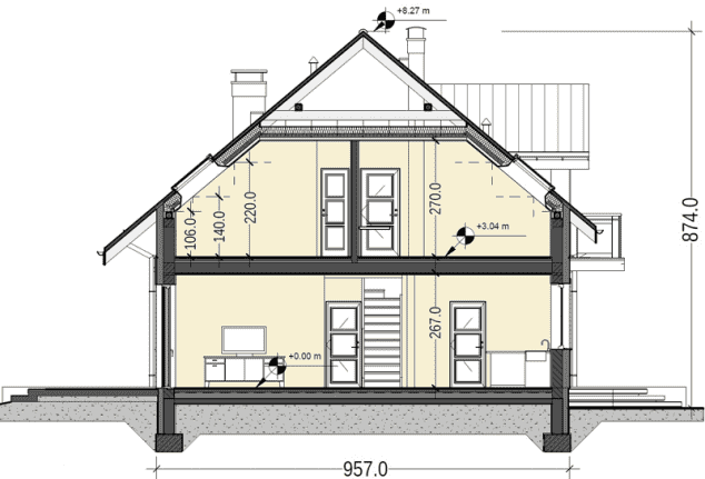 Rzut projektu Jaskółka 4 z garażem - Przekrój