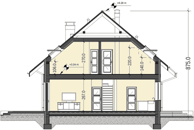 Rzut projektu Jaskółka 7 z garażem 2-st. - Przekrój