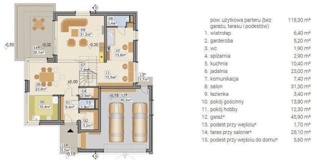 Rzut projektu AJR 26 A2 - z garażem 2-stan. - Rzut parteru