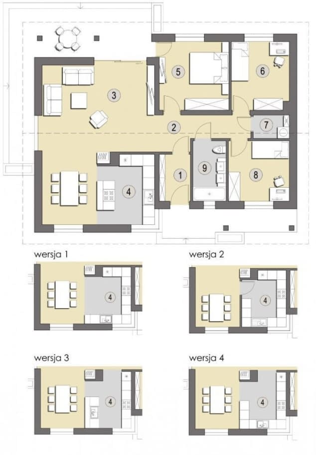 Rzut projektu Toroni A - Przykładowe rozwiązania kuchni w projekcie Toroni A