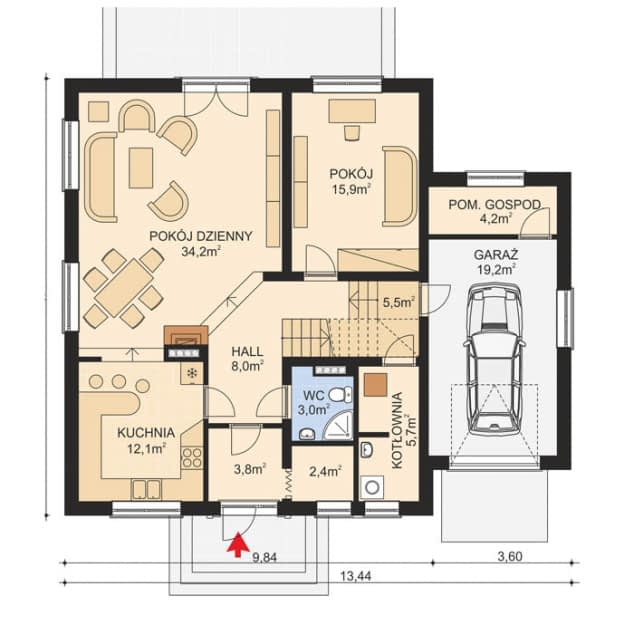 Rzut projektu APS 136 - Parter