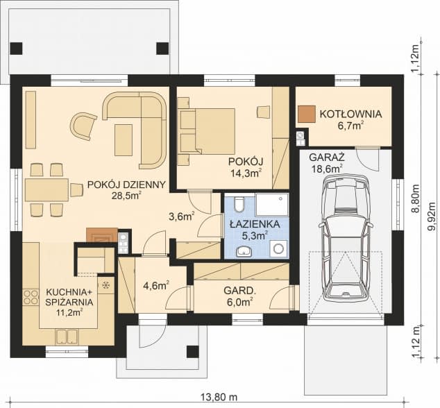 Rzut projektu APS 244 wariant 2+G - Parter
