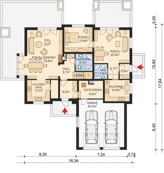 Rzut projektu APS 255 dwurodzinny ECO - Parter