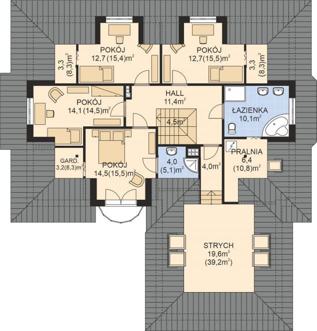 Rzut projektu APS 255 dwurodzinny - Poddasze