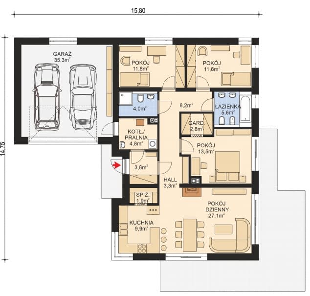 Rzut projektu APS 347 wariant 2+G ECO - Parter