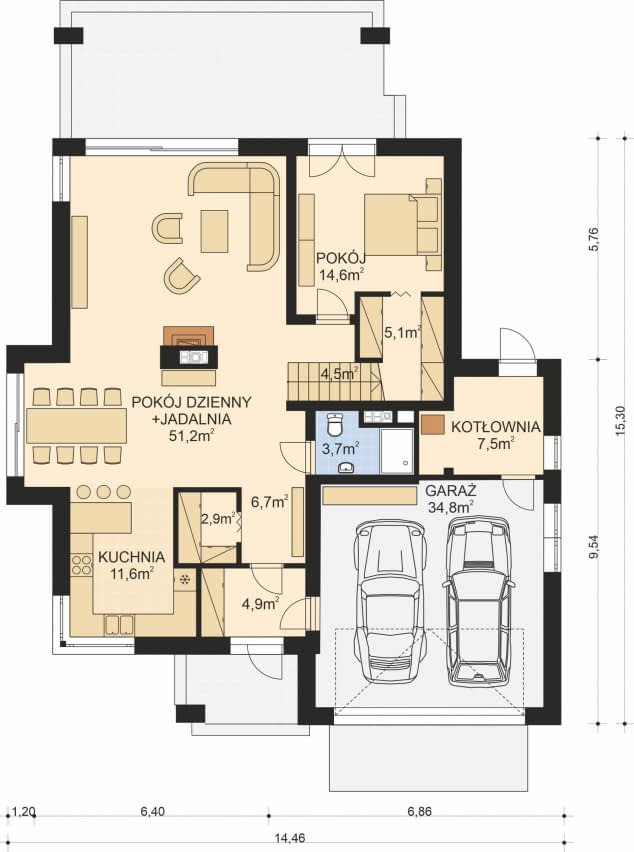 Rzut projektu APS 268 wariant 2 ECO - Parter