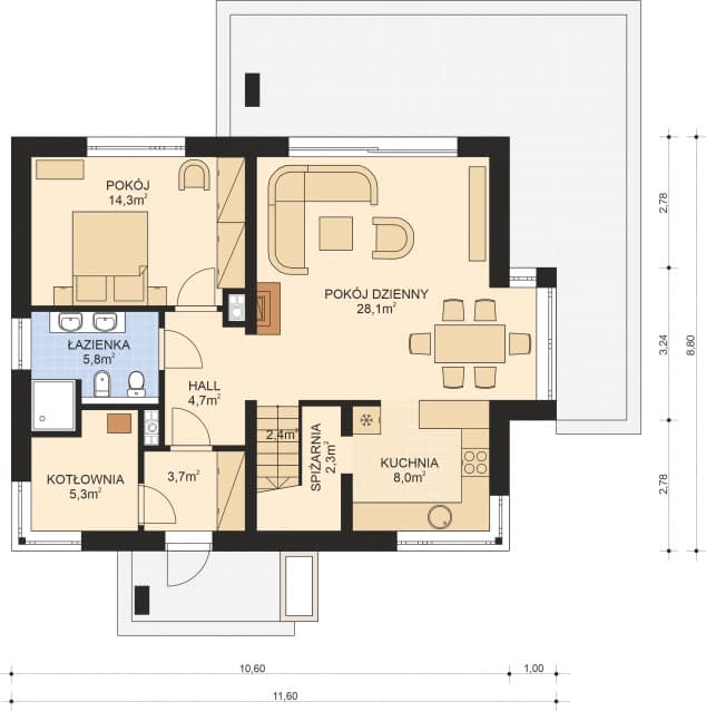 Rzut projektu APS 280 - Parter