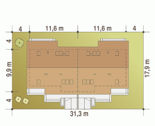 Rzut projektu Alka bliźniak BL1 z garażem - Usytuowanie na działce