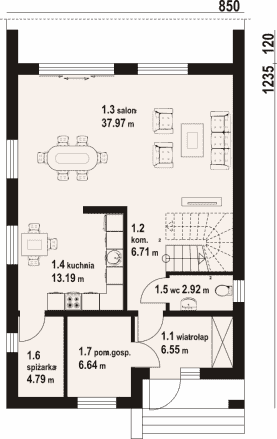 Rzut projektu gładyszów 44 pcr - Parter