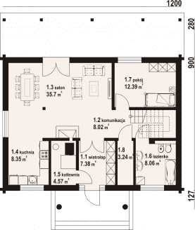 Rzut projektu chmielniki małe dw 71 - Parter