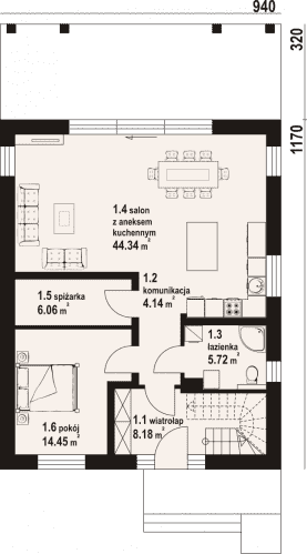 Rzut projektu grochów 1m - Parter