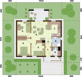 Rzut projektu LA PALMA 2 C szkielet drewniany dom mieszkalny ogrzewanie kominek z płaszczem - Rzut przyziemia