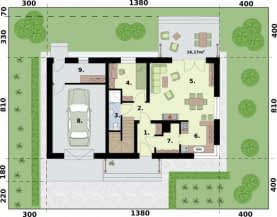 Rzut projektu SEVILLA 3A szkielet drewniany z pojedynczym garażem - Rzut przyziemia