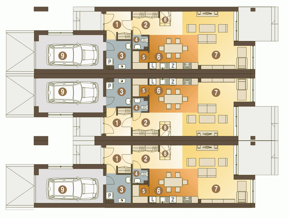 Rzut projektu Long II szeregówka z garażem - Parter