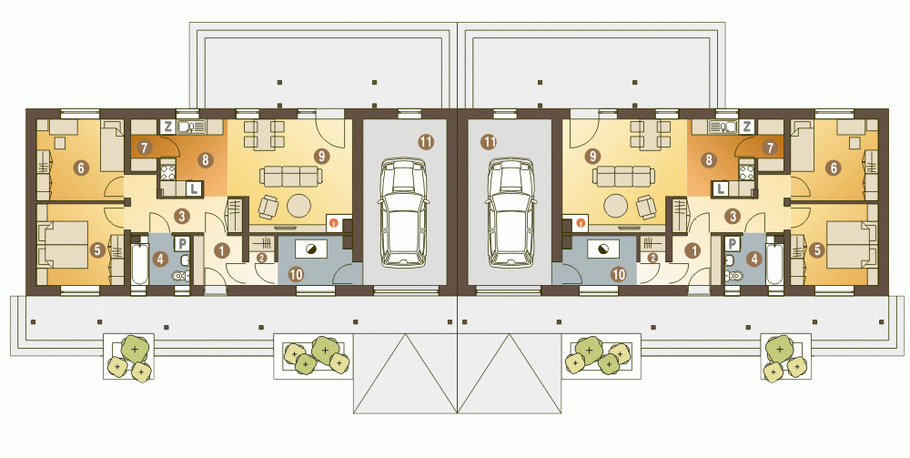 Rzut projektu Siewka bliźniak A-BL1 z garażem - Parter