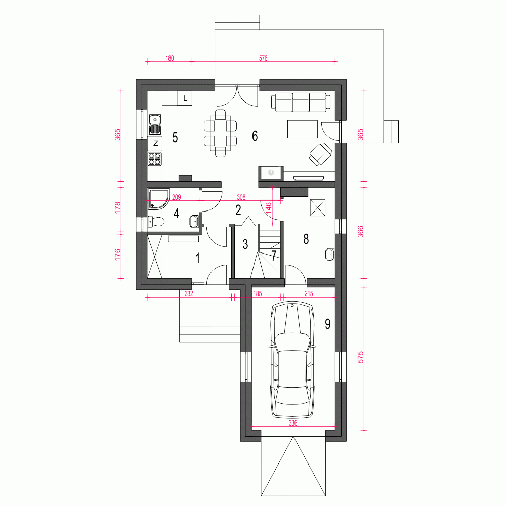 Rzut projektu Egon II z garażem - Parter