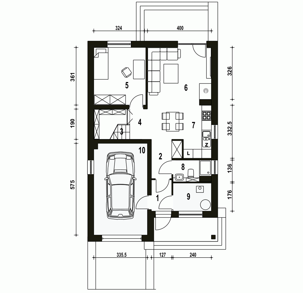 Rzut projektu Mazurek z garażem - Parter