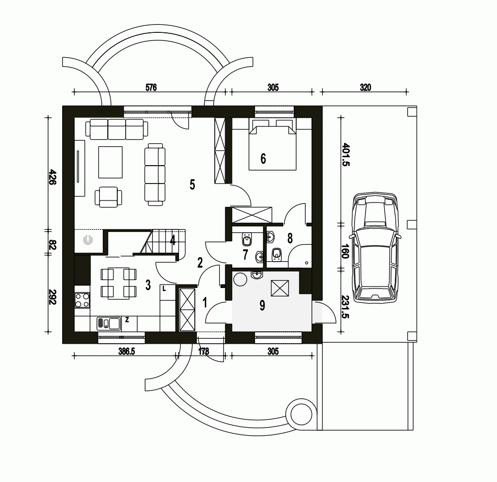 Rzut projektu Sosnówka II A1 z wiatą - Parter