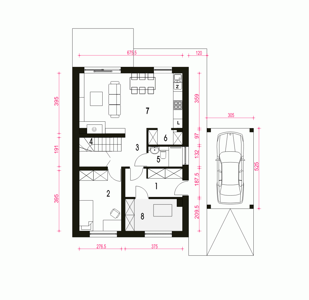 Rzut projektu Agat z wiatą - Parter
