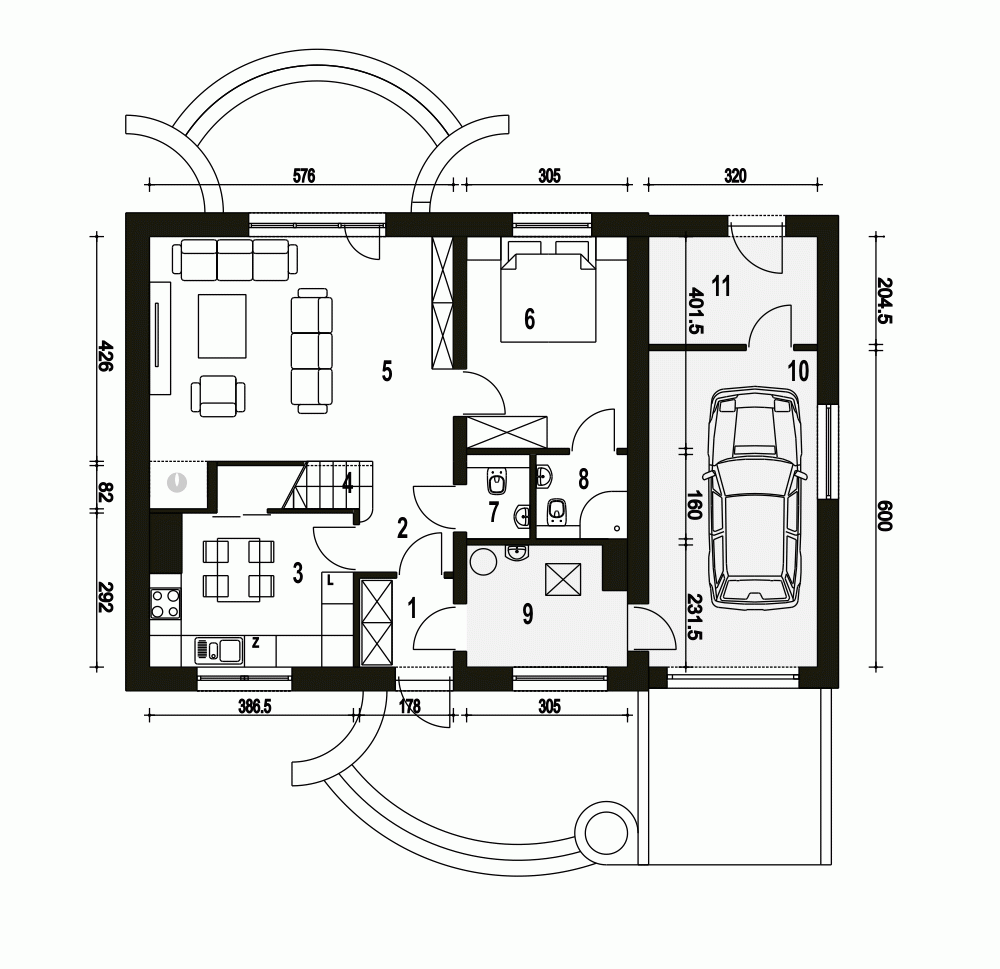 Rzut projektu Sosnówka II z garażem - Parter