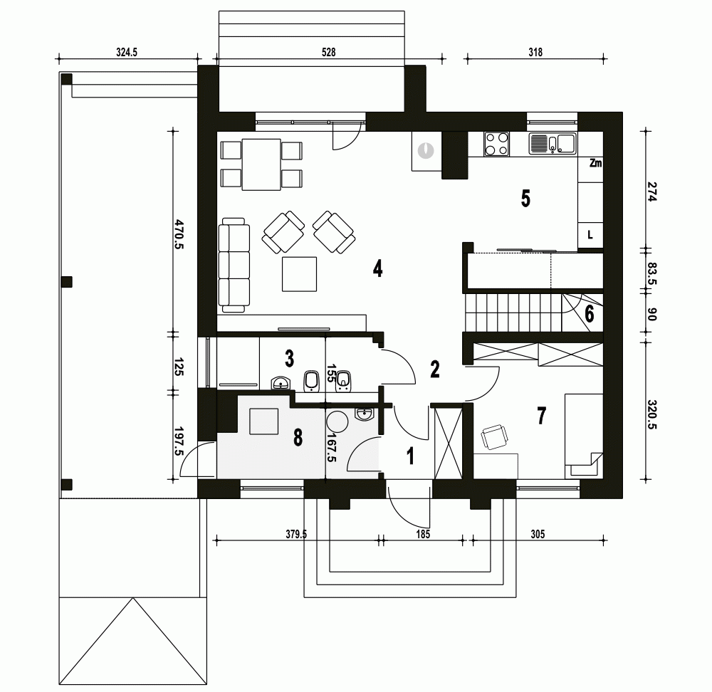 Rzut projektu Lerka z wiatą - Parter