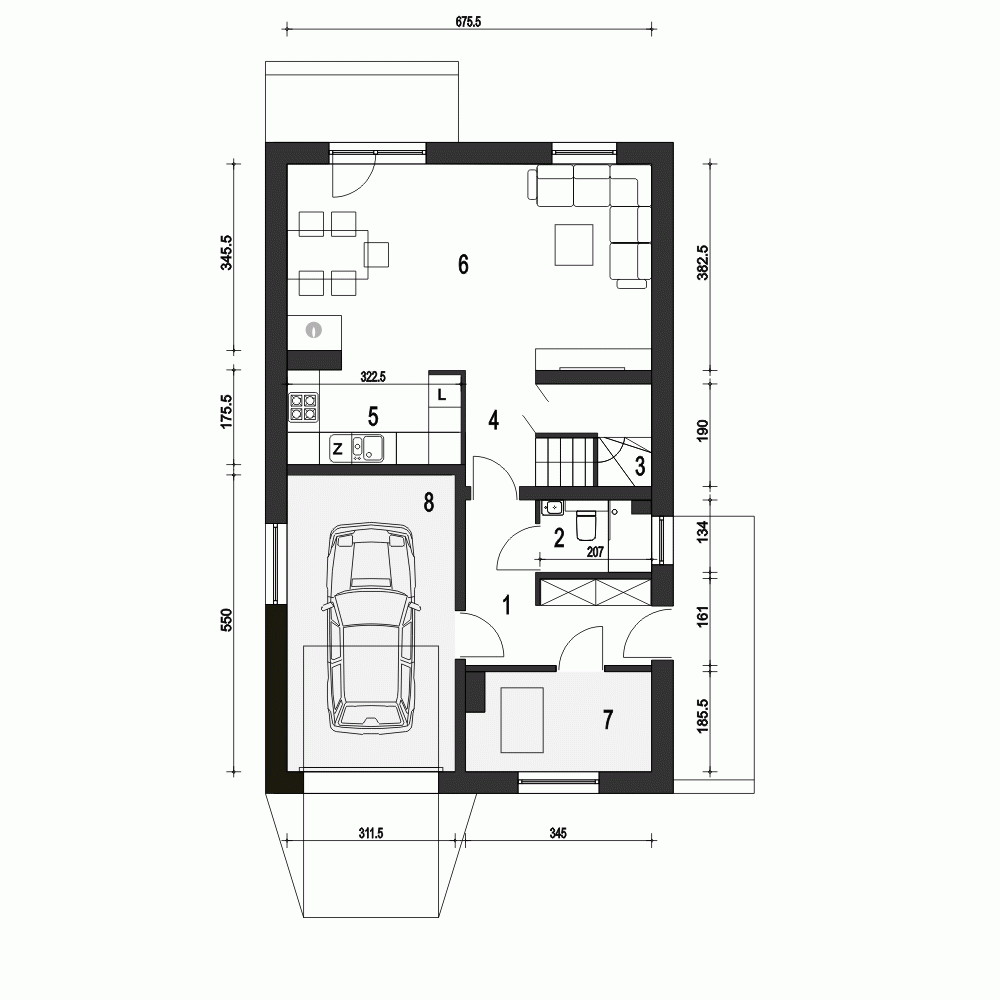 Rzut projektu Głuszec II z garażem - Parter