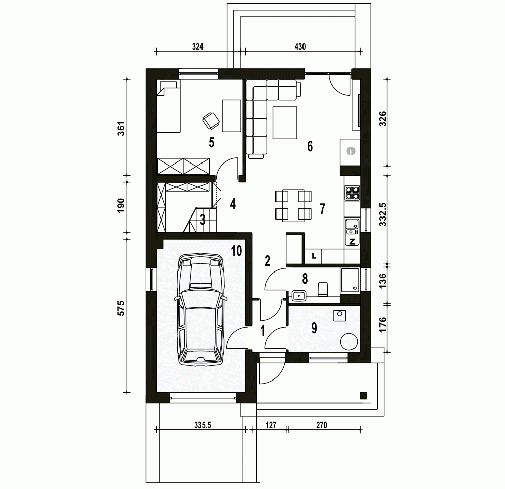 Rzut projektu Mazurek II z garażem - Parter