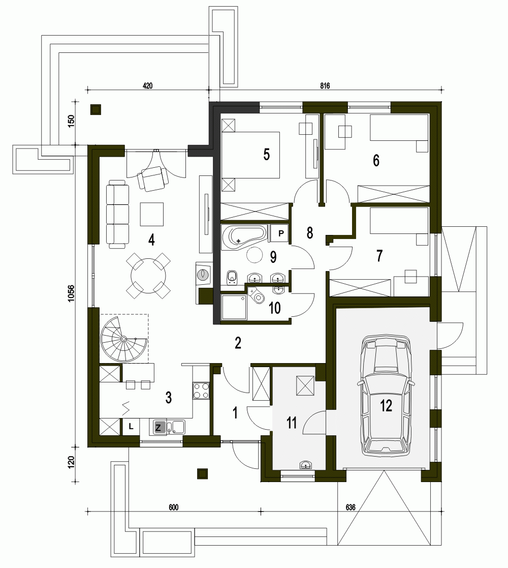 Rzut projektu Alf z garażem - Parter