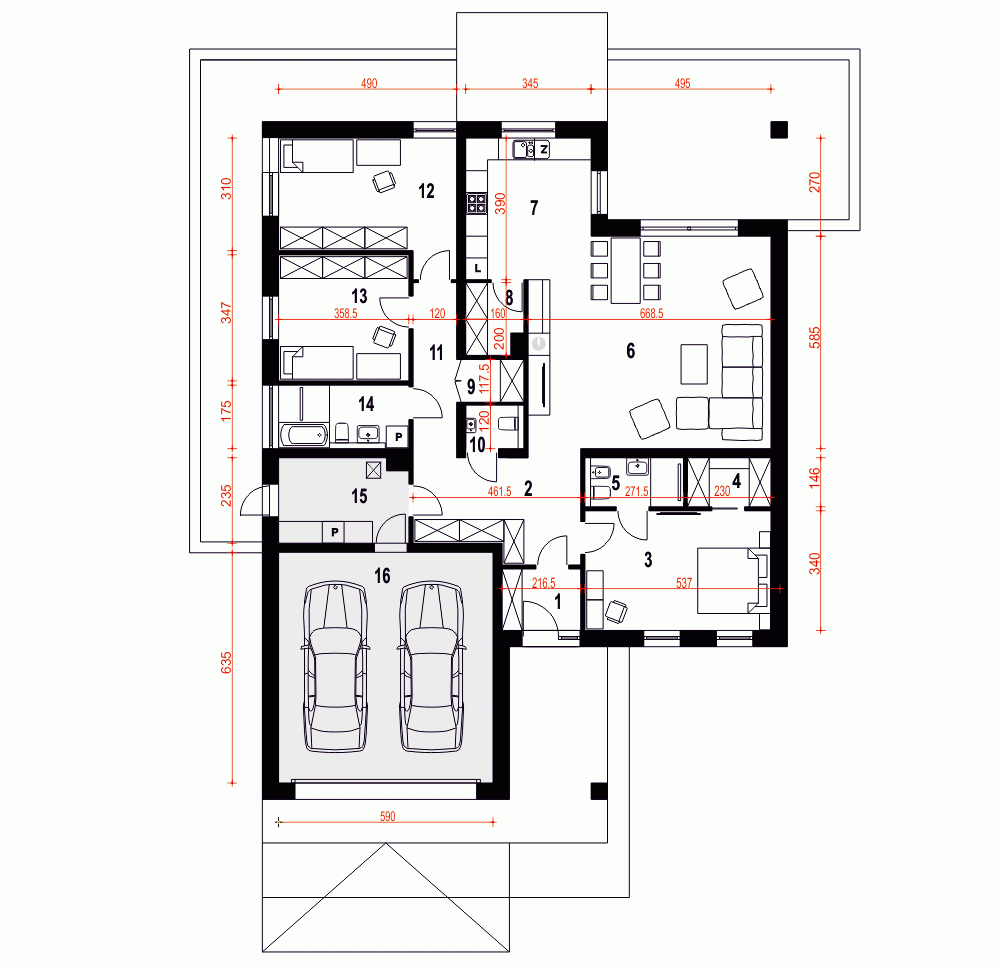 Rzut projektu Pogodna II z garażem 2st. - Parter