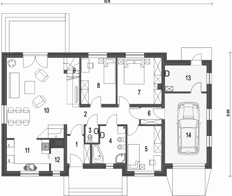 Rzut projektu Julek II z garażem - Parter