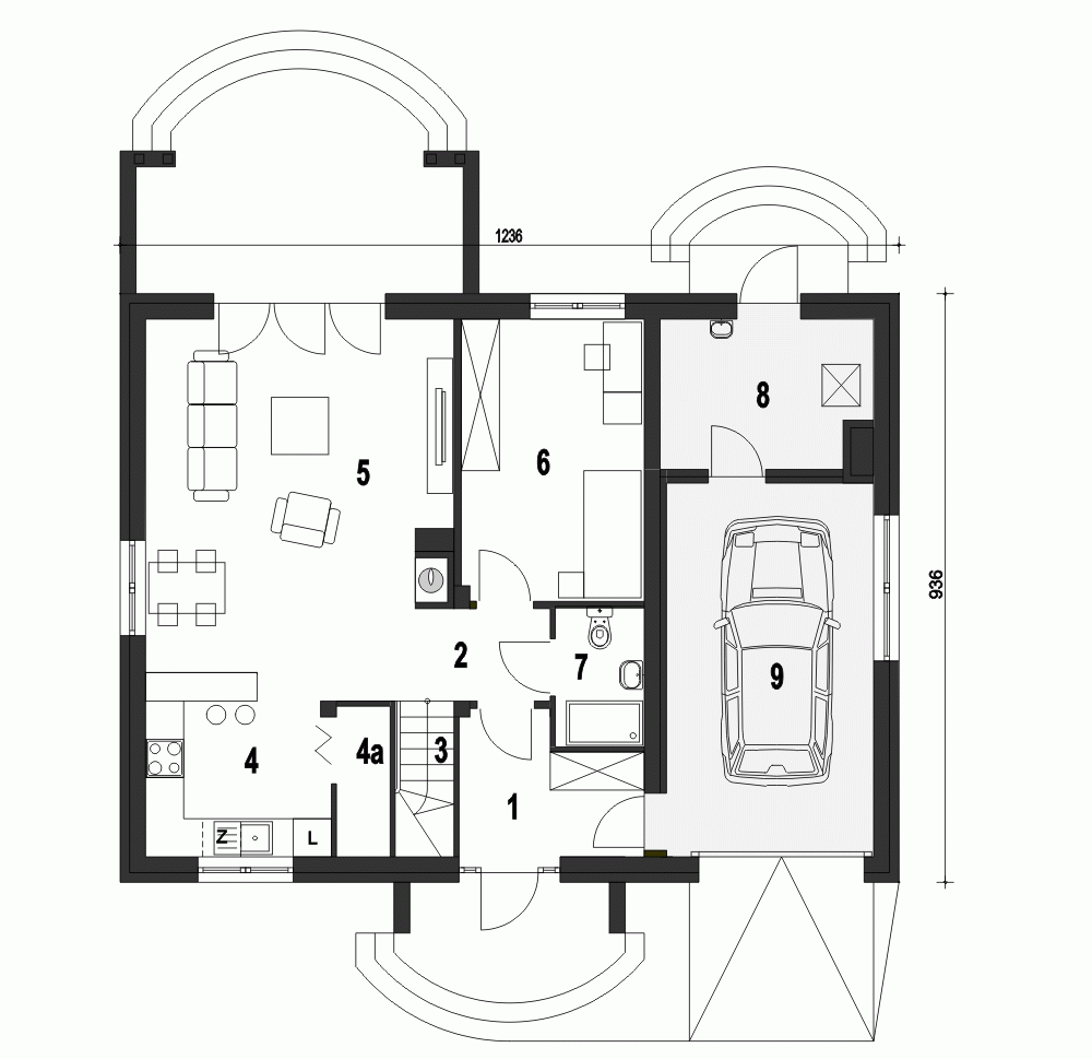 Rzut projektu Inka III z garażem - Parter