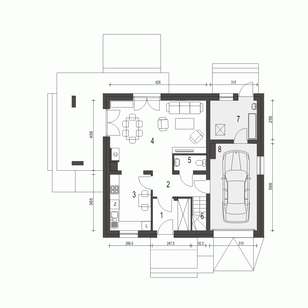 Rzut projektu Monika II z garażem - Parter