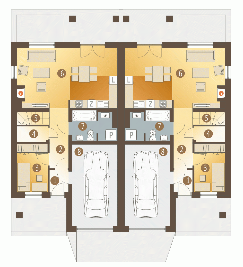 Rzut projektu Norbert bliźniak A-BL1 z garażem - Parter