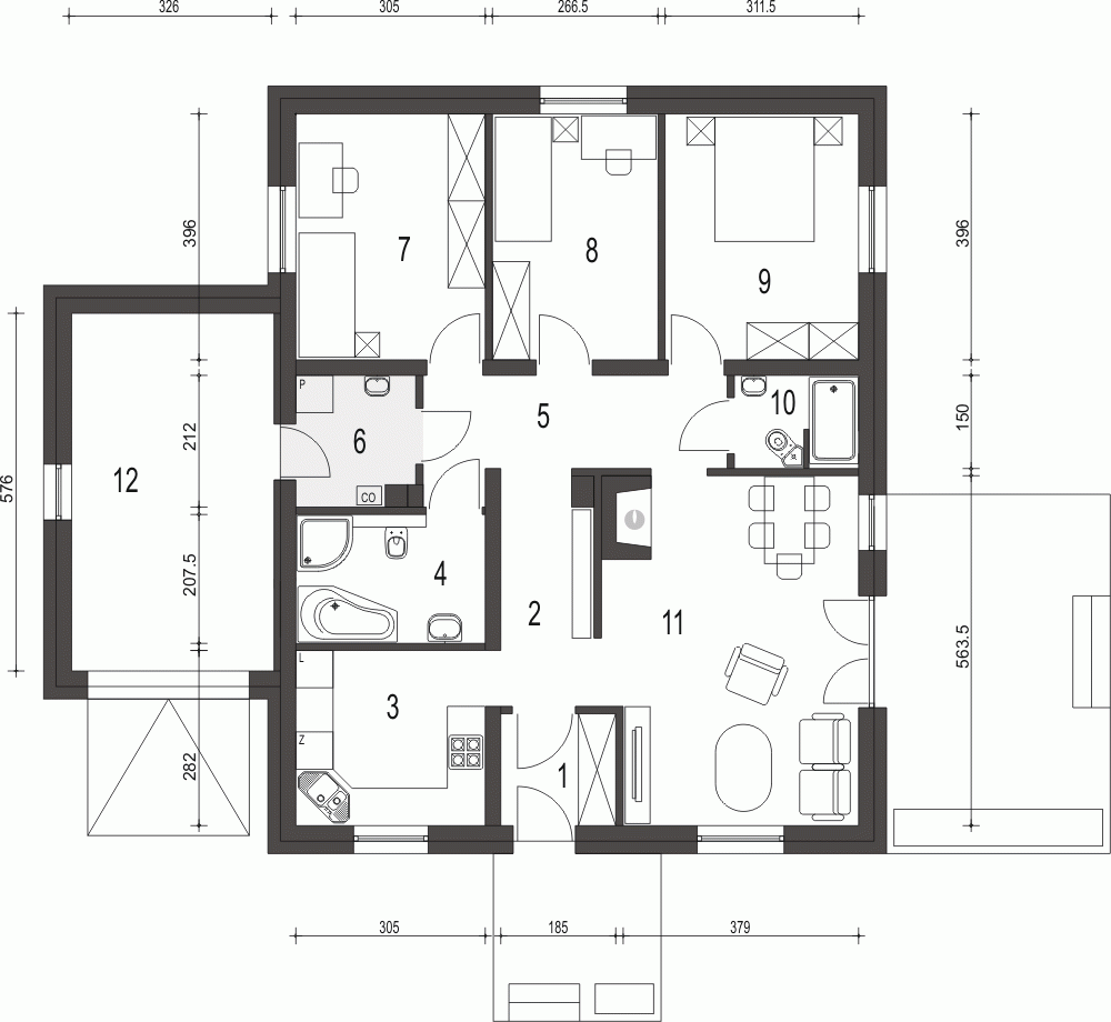 Rzut projektu Bogna z garażem - Parter