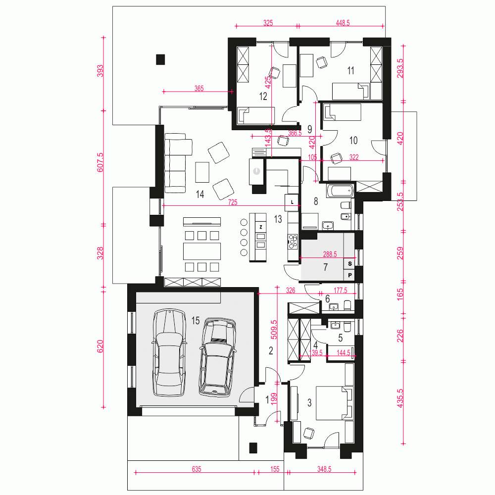 Rzut projektu Galena z garażem 2st. - Parter
