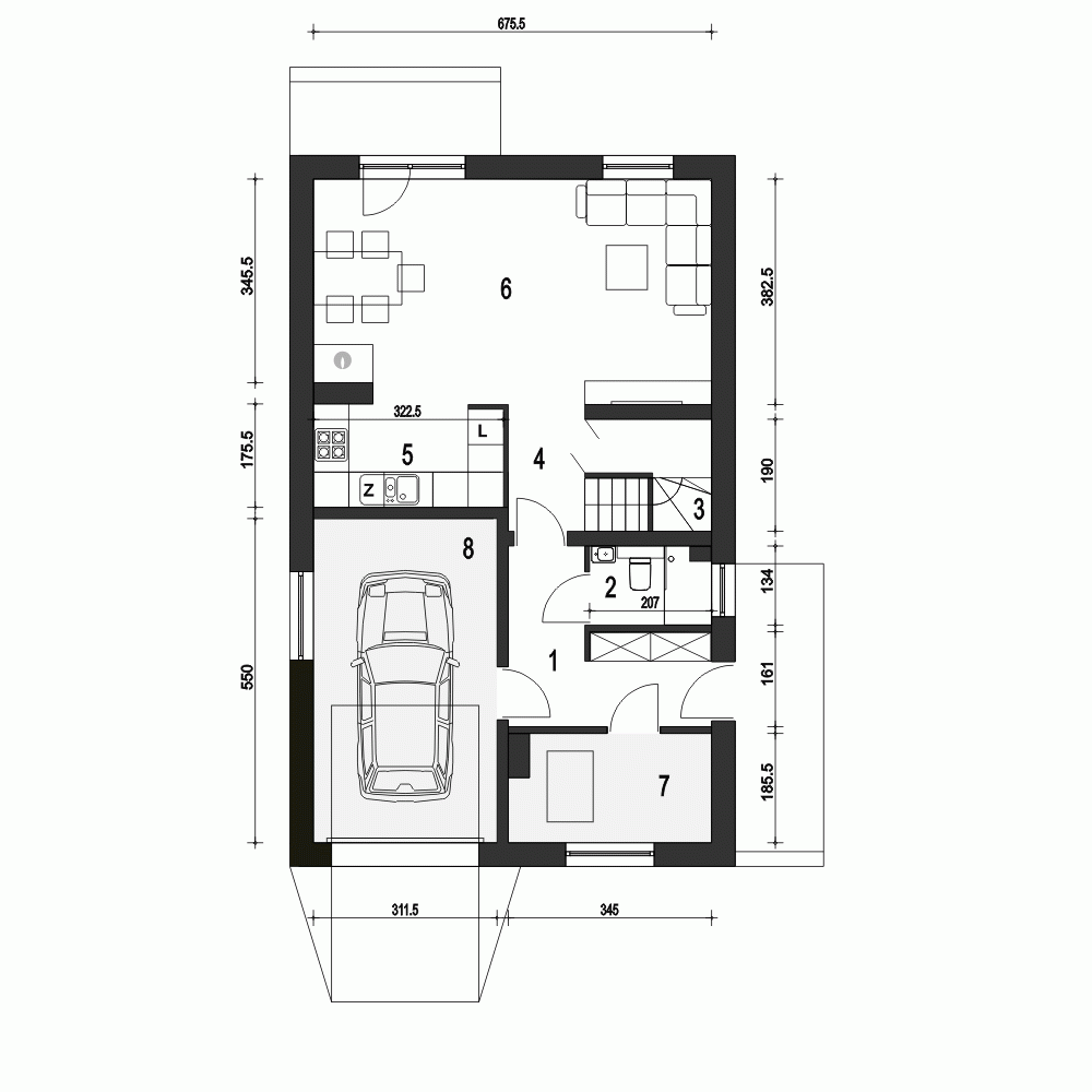 Rzut projektu Głuszec II z garażem - Parter