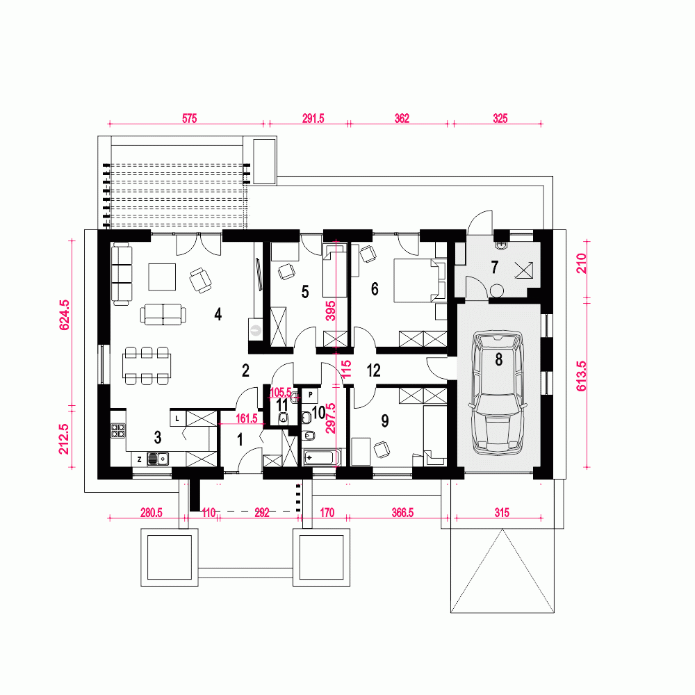 Rzut projektu Kaja II z garażem - Parter