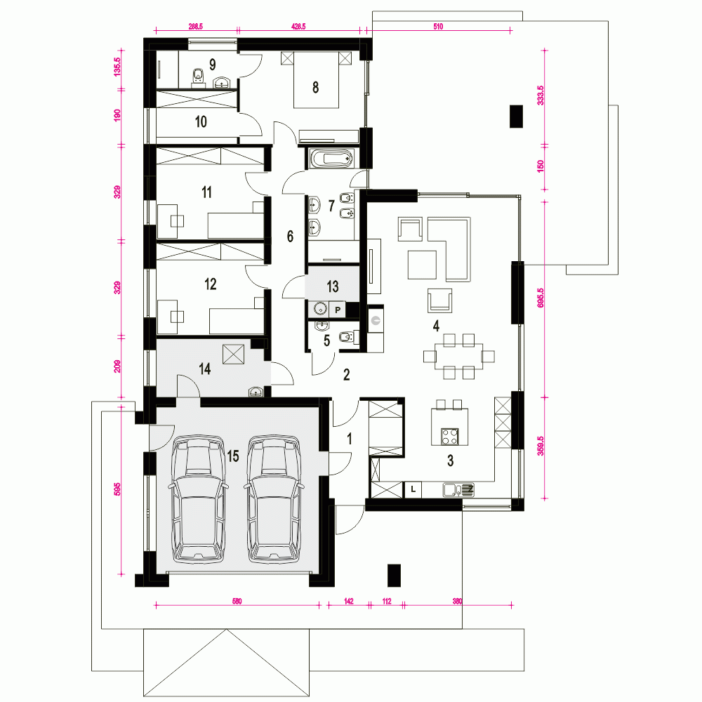 Rzut projektu Bursztyn II z garażem 2st. - Parter