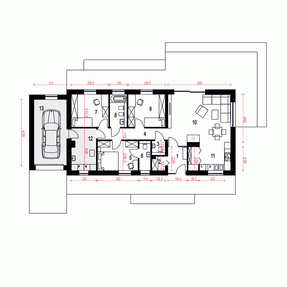 Rzut projektu Żurawinka II z garażem - Parter