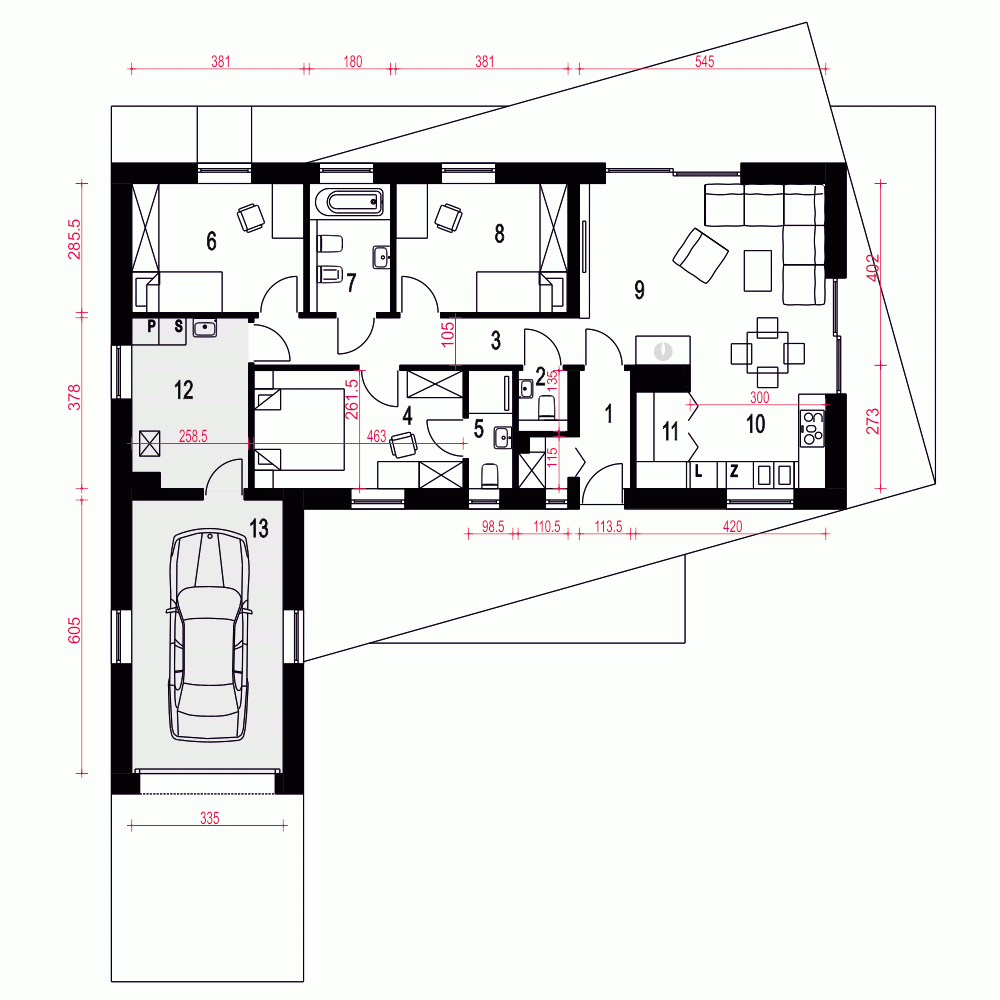 Rzut projektu Żurawinka A1 z garażem - Parter