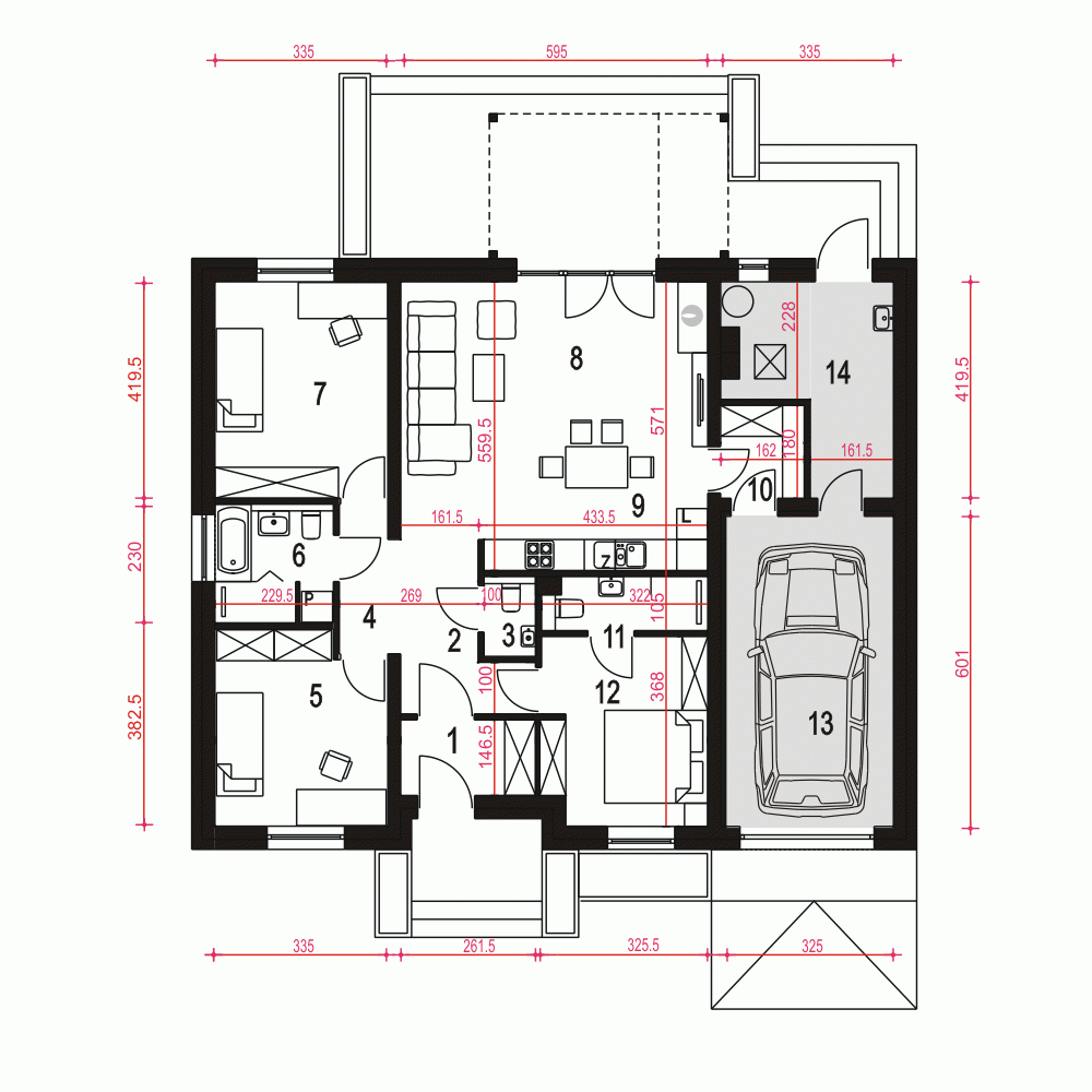 Rzut projektu Opal z garażem - Parter