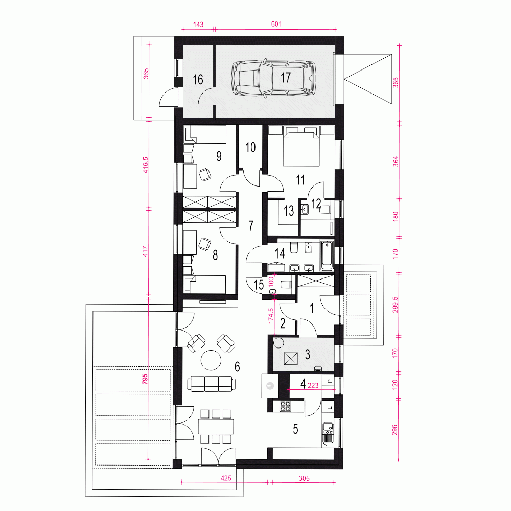 Rzut projektu Flora A z garażem - Parter