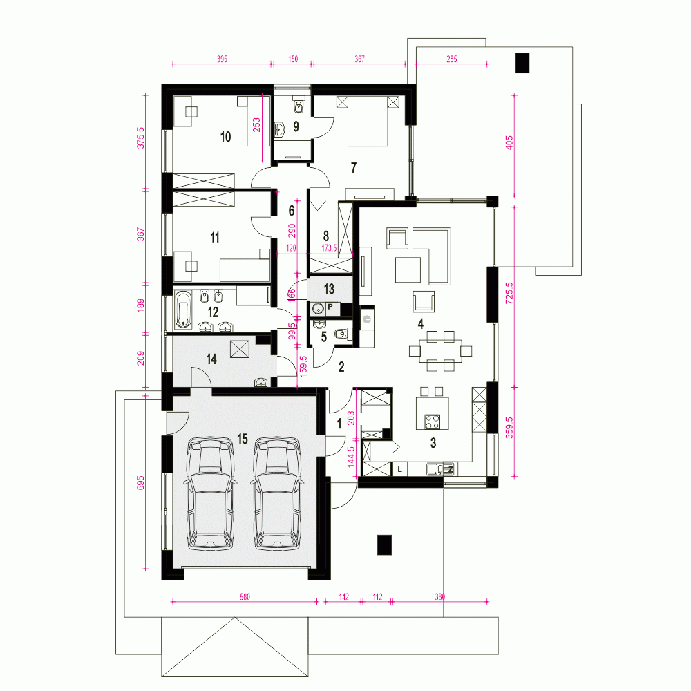 Rzut projektu Bursztyn III A1 z garażem 2st. - Parter