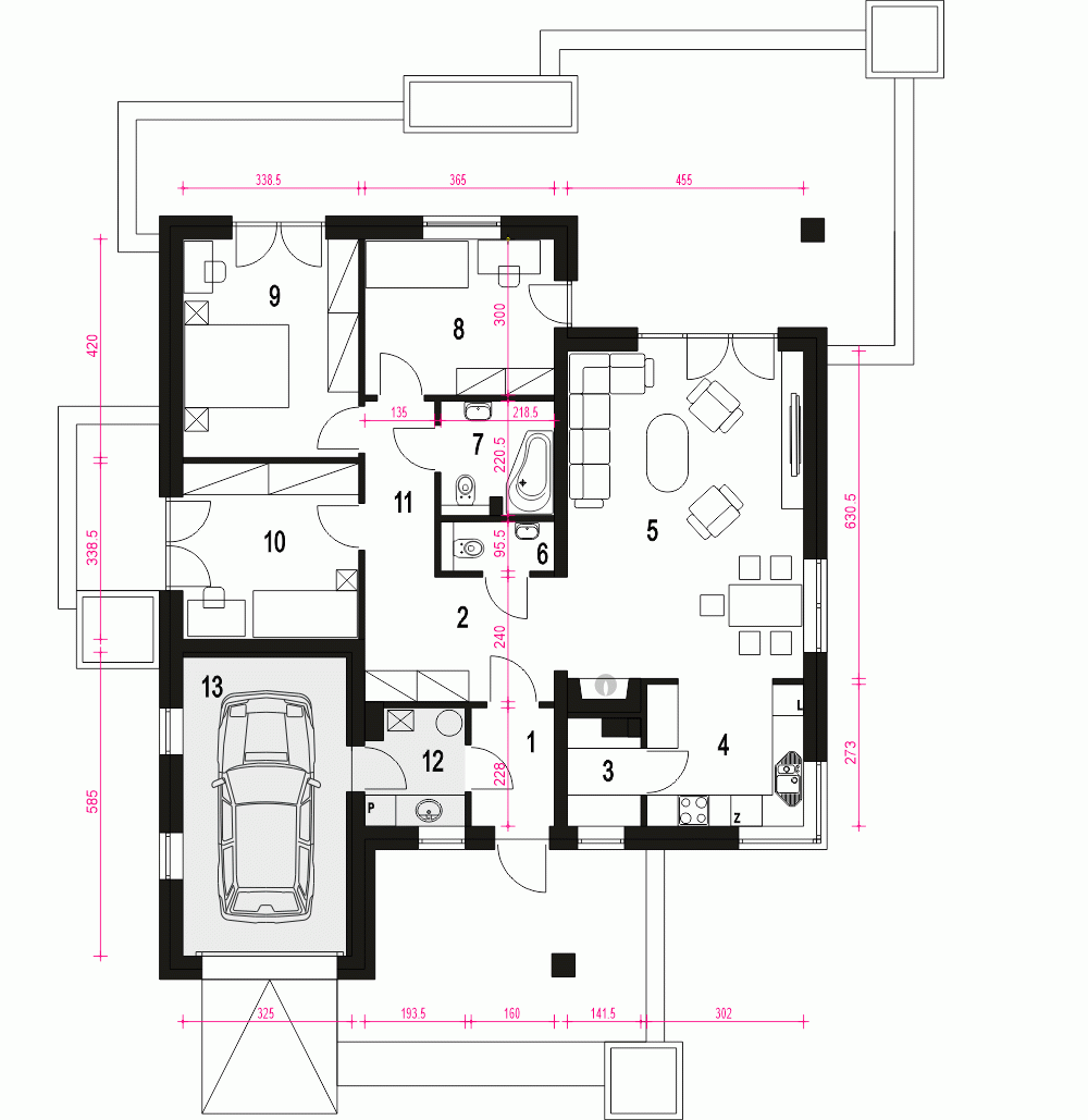 Rzut projektu Kalcyt II z garażem - Parter