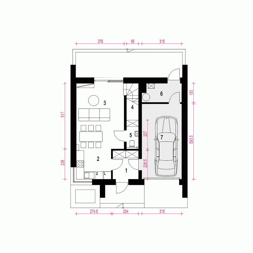 Rzut projektu Gaja z garażem - Parter