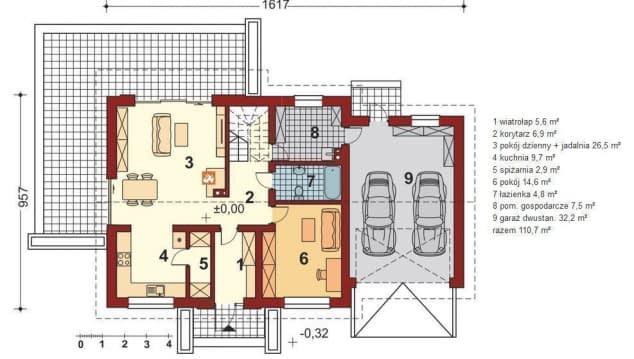 Rzut projektu Sowa 8 z garażem 2-st. - Rzut parteru