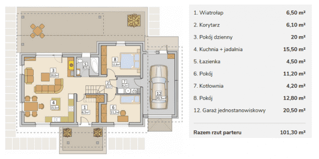 Rzut projektu AJR 02 A1 - z garażem - Rzut parteru