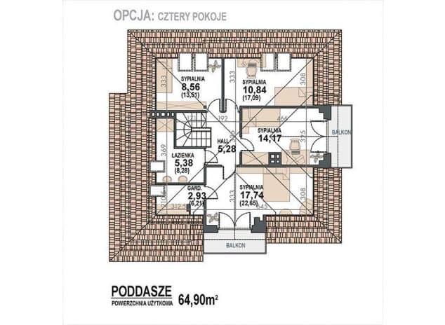 Rzut projektu Opałek III N - rzut poddasza - opcja 4 sypialnie